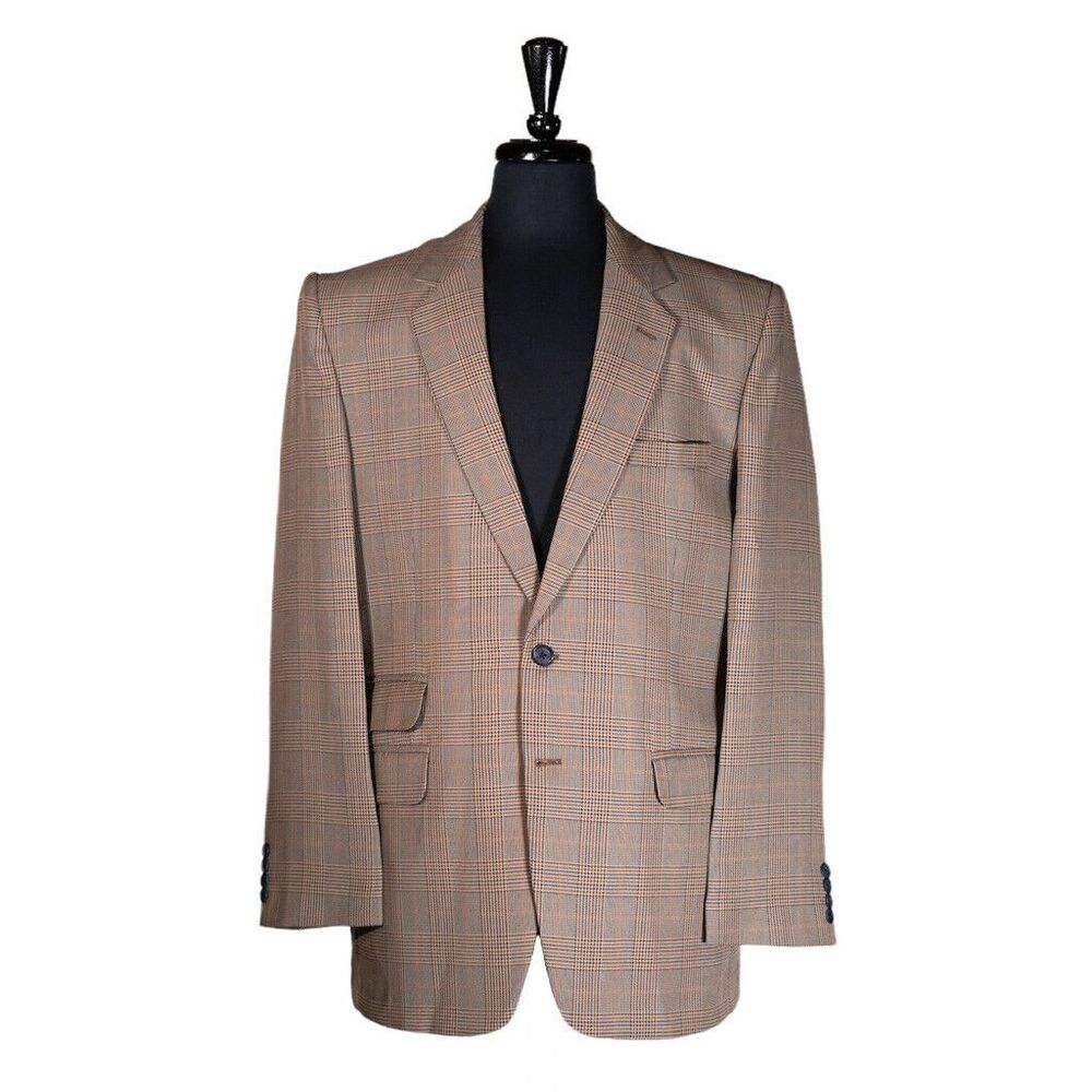 Mens 44R Blazer Plaid Beige Cotton 2 Button Sport Coat Formal Wedding Jacket